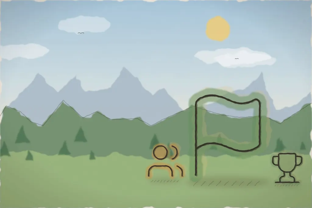 Echipă pe munte, cu steagul la capătul traseului (ilustrație)